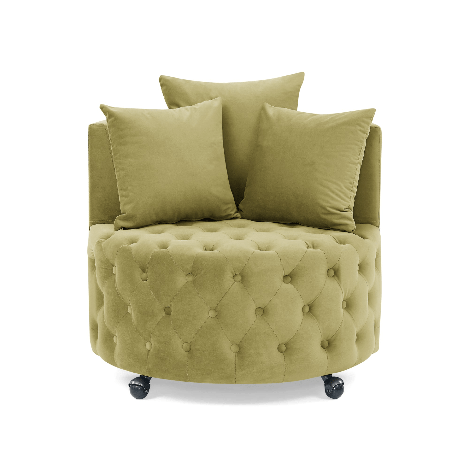 Luxurious Khaki Green Velvet Upholstered Swivel Chair with Button Tufted Design and Movable Wheels - CurtisJ Designs