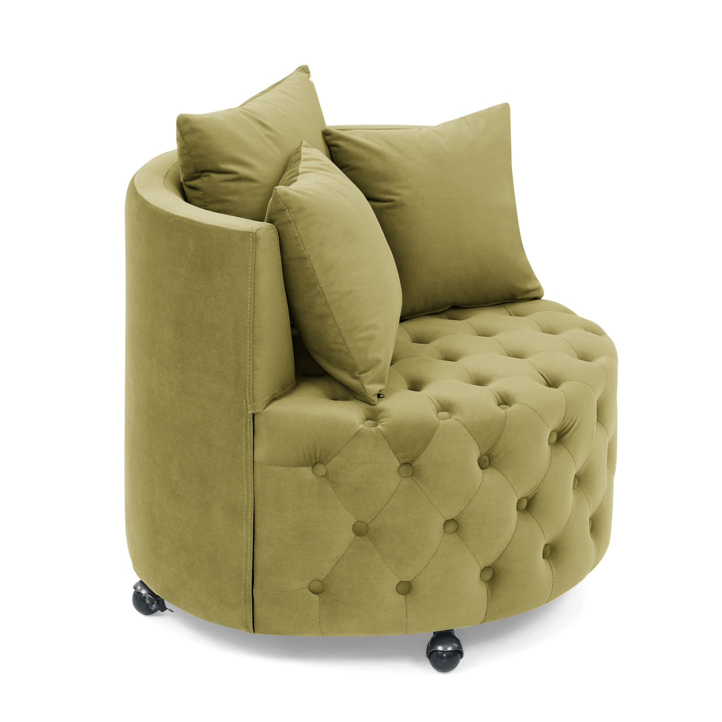 Luxurious Khaki Green Velvet Upholstered Swivel Chair with Button Tufted Design and Movable Wheels - CurtisJ Designs