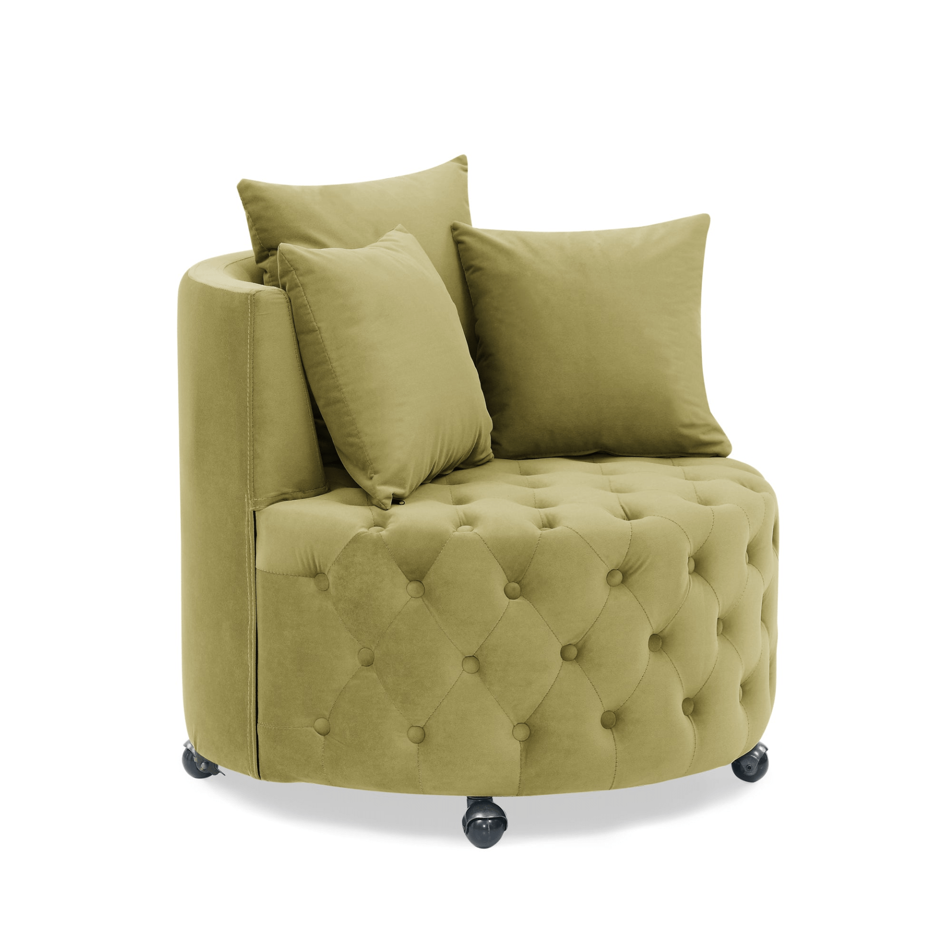 Luxurious Khaki Green Velvet Upholstered Swivel Chair with Button Tufted Design and Movable Wheels - CurtisJ Designs