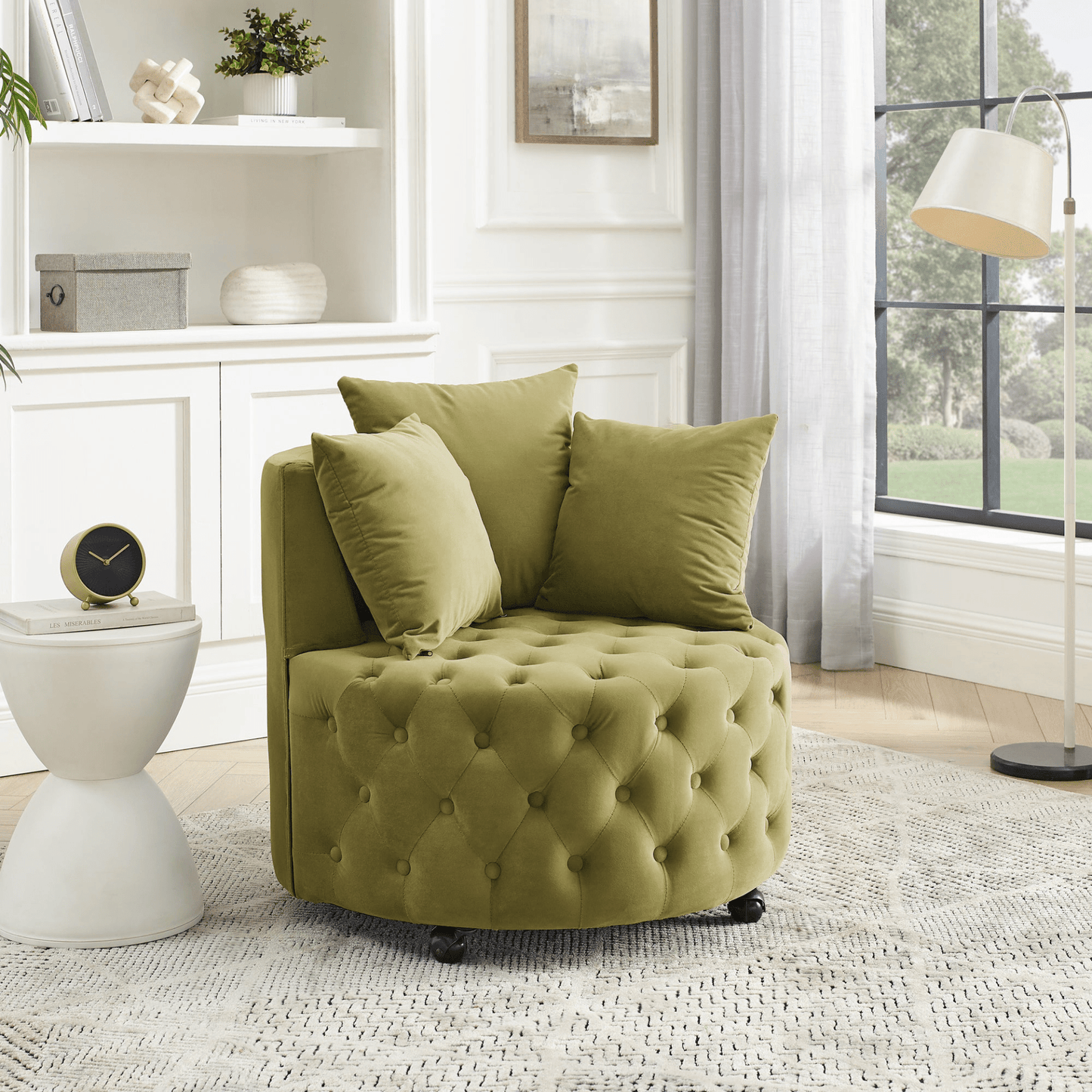 Luxurious Khaki Green Velvet Upholstered Swivel Chair with Button Tufted Design and Movable Wheels - CurtisJ Designs