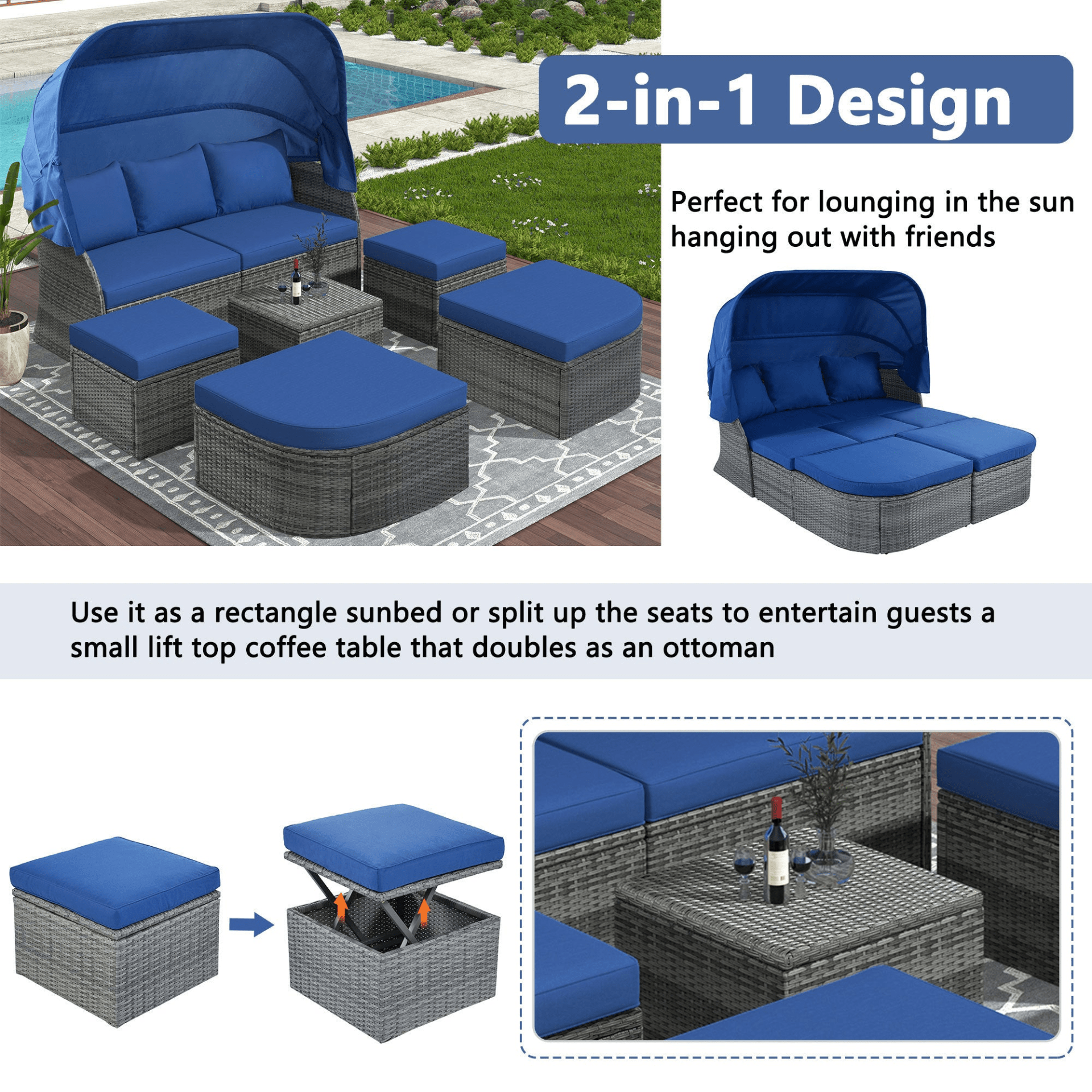 Luxurious Outdoor Patio Furniture Set Daybed Sunbed with Retractable Canopy - Stylish Wicker Conversation Set - CurtisJ Designs