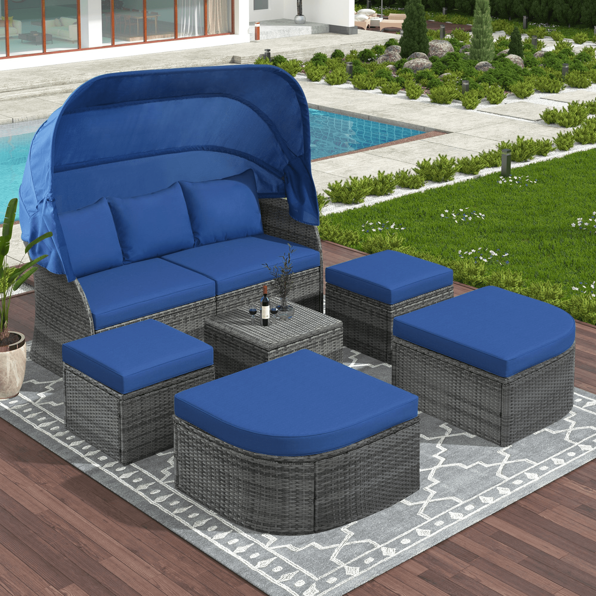 Luxurious Outdoor Patio Furniture Set Daybed Sunbed with Retractable Canopy - Stylish Wicker Conversation Set - CurtisJ Designs