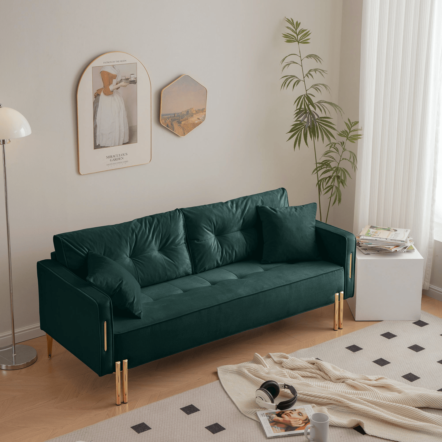 Luxury Velvet Sofa Couch | Modern Upholstered 3 - Seater with 2 Pillows - CurtisJ Designs