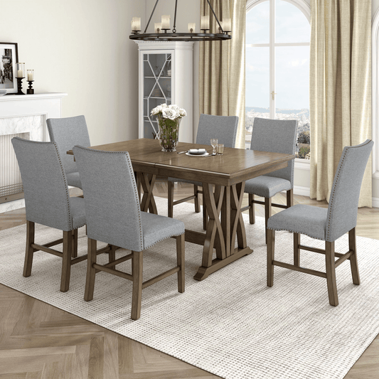 Mid - Century Solid Wood 7 - Piece Dining Table Set | Extendable Kitchen Table Set with Upholstered Chairs and 12" Leaf for 6 | Golden Brown+Gray Cushion - CurtisJ Designs