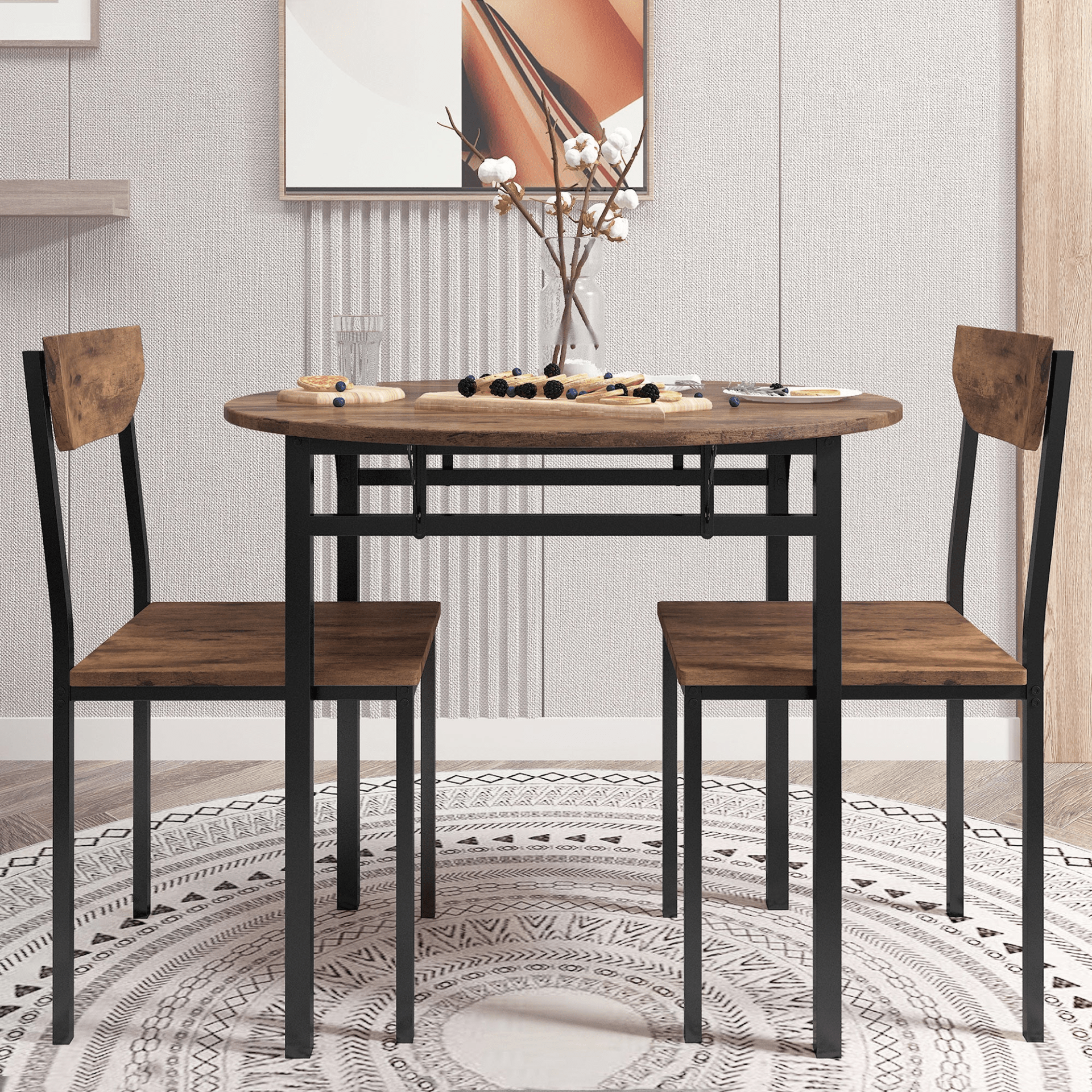 Modern 3 - Piece Round Dining Table Set | Small Spaces | Black Frame+Rustic Brown Finish - CurtisJ Designs