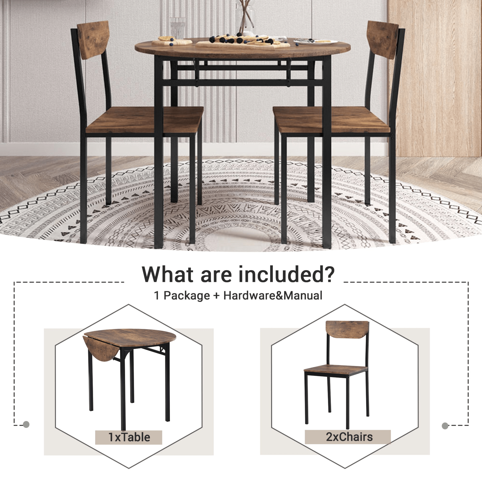 Modern 3 - Piece Round Dining Table Set | Small Spaces | Black Frame+Rustic Brown Finish - CurtisJ Designs