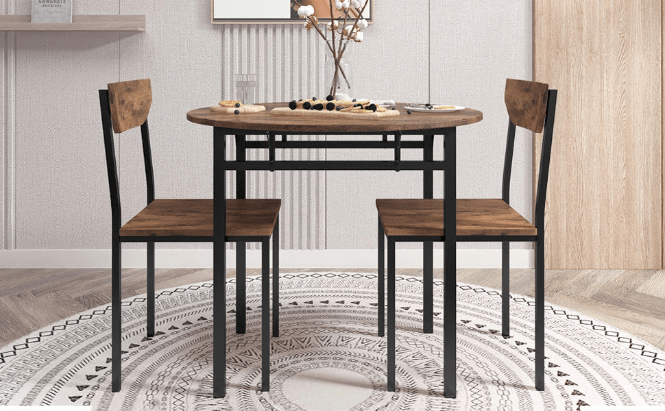 Modern 3 - Piece Round Dining Table Set | Small Spaces | Black Frame+Rustic Brown Finish - CurtisJ Designs