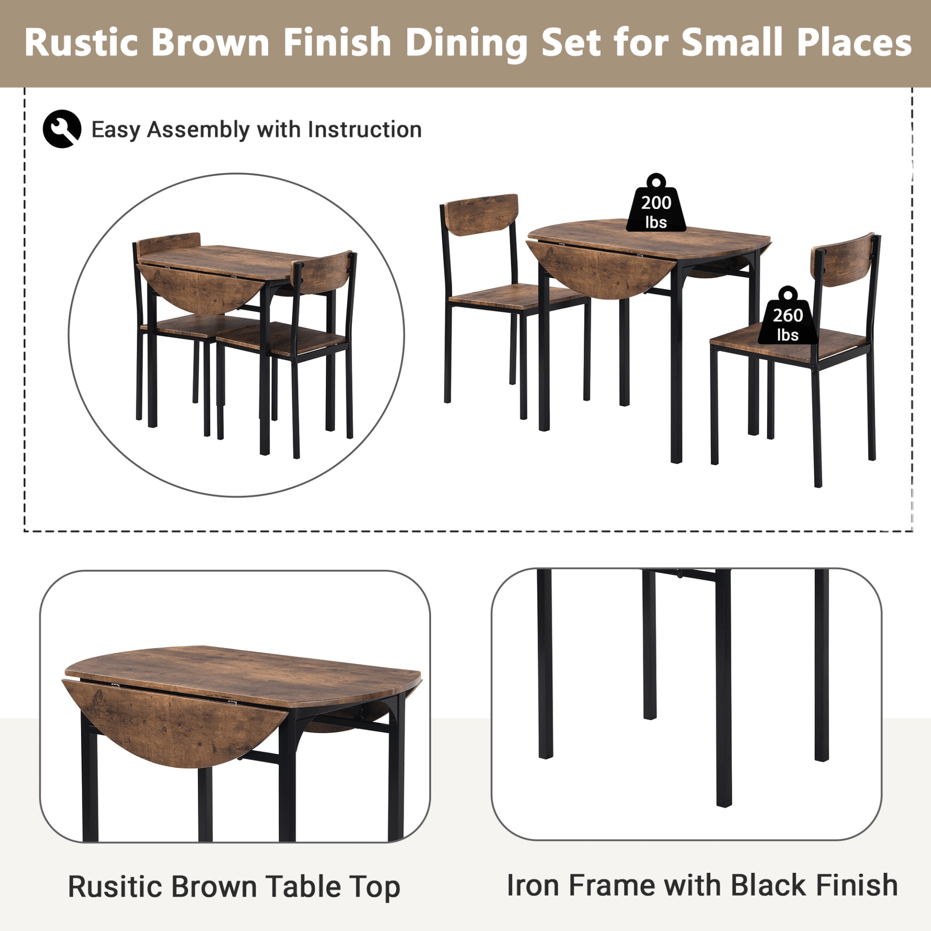 Modern 3 - Piece Round Dining Table Set | Small Spaces | Black Frame+Rustic Brown Finish - CurtisJ Designs