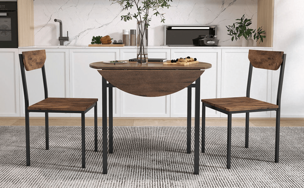 Modern 3 - Piece Round Dining Table Set | Small Spaces | Black Frame+Rustic Brown Finish - CurtisJ Designs