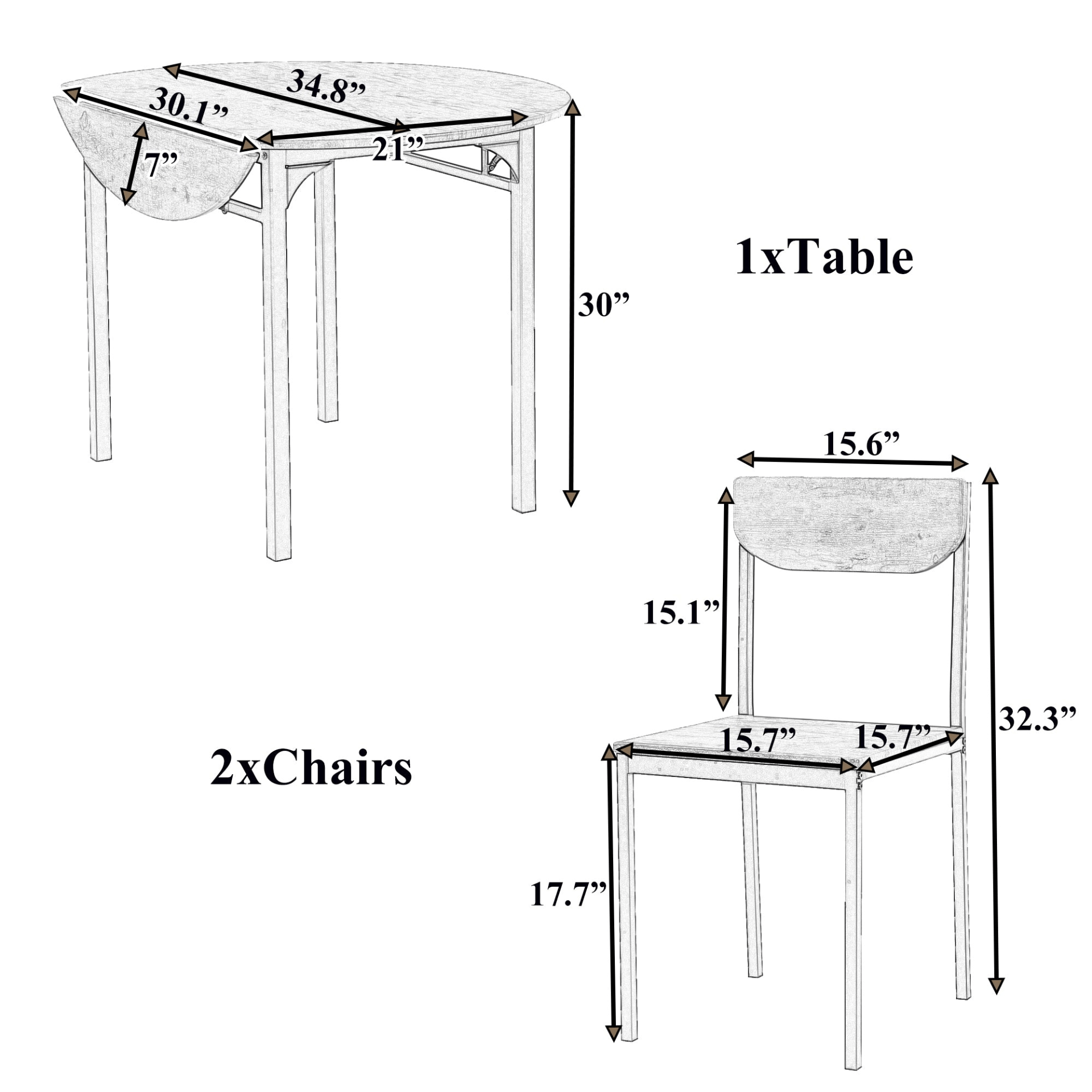 Modern 3 - Piece Round Dining Table Set | Small Spaces | Black Frame+Rustic Brown Finish - CurtisJ Designs