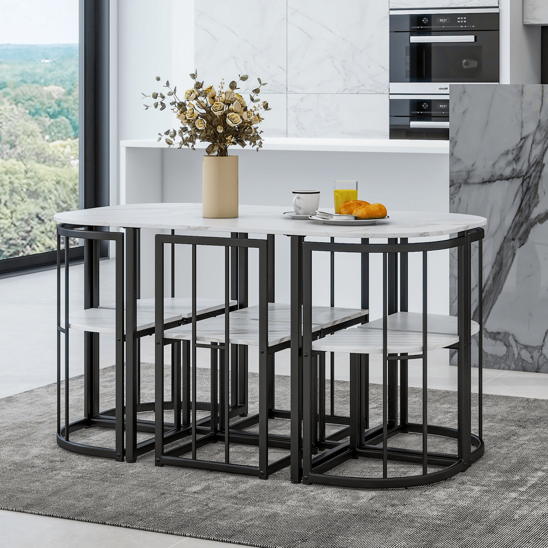 Modern 7 - Piece Dining Table Set with Faux Marble Compact 55 - Inch Kitchen Table Set for 6, Black+White - CurtisJ Designs