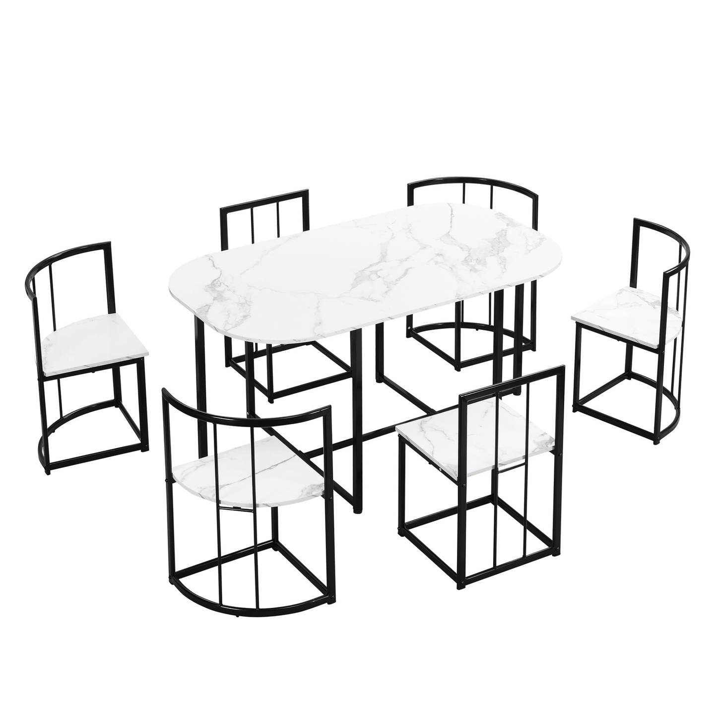 Modern 7 - Piece Dining Table Set with Faux Marble Compact 55 - Inch Kitchen Table Set for 6, Black+White - CurtisJ Designs