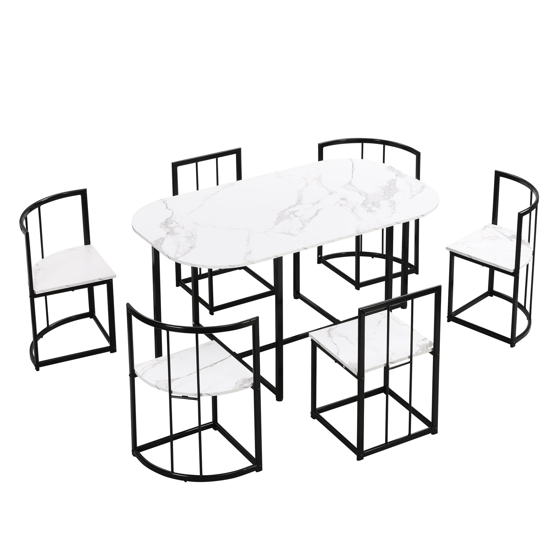 Modern 7 - Piece Dining Table Set with Faux Marble Compact 55 - Inch Kitchen Table Set for 6, Black+White - CurtisJ Designs