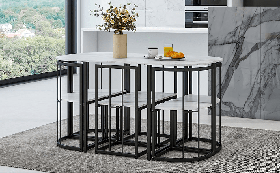 Modern 7 - Piece Dining Table Set with Faux Marble Compact 55 - Inch Kitchen Table Set for 6, Black+White - CurtisJ Designs