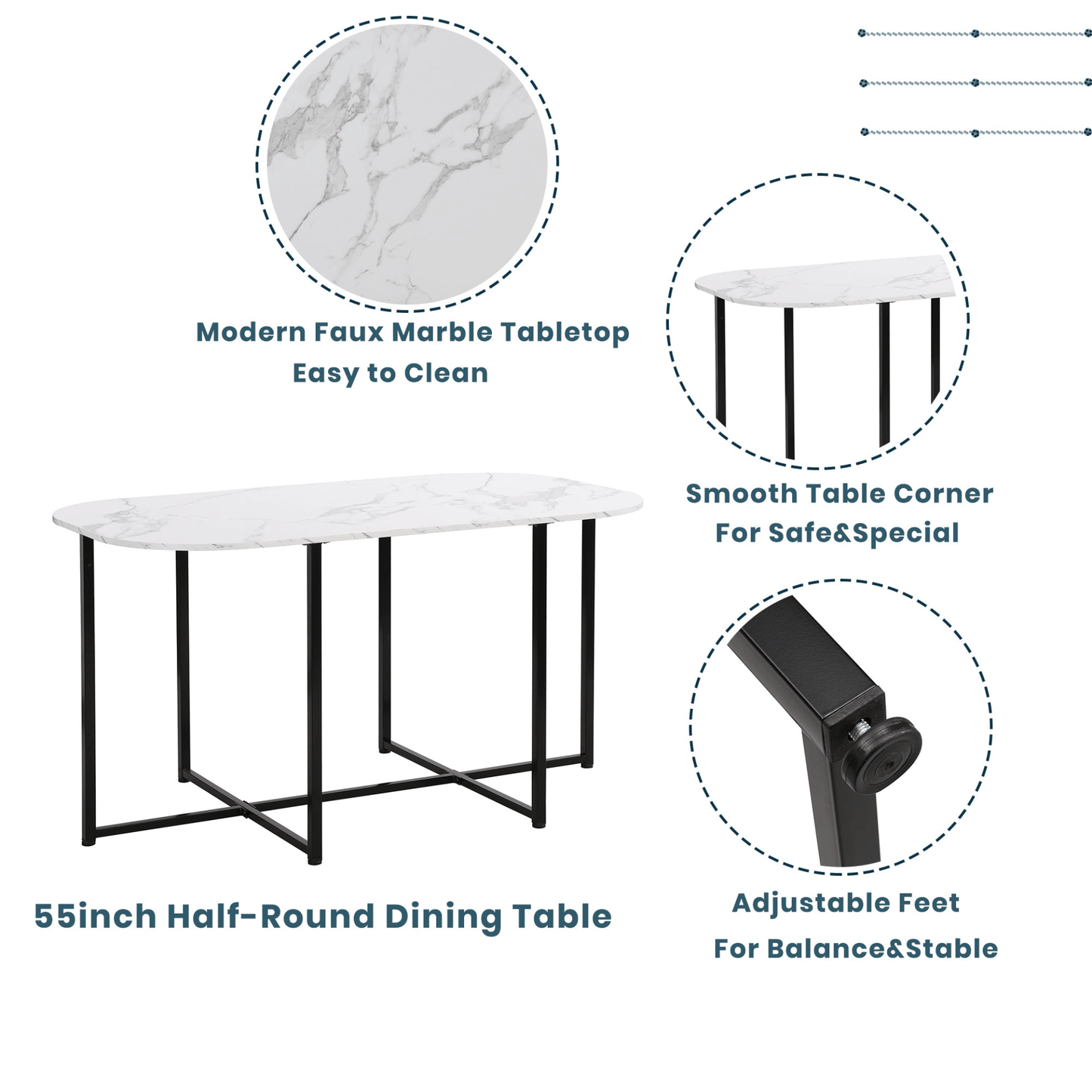 Modern 7 - Piece Dining Table Set with Faux Marble Compact 55 - Inch Kitchen Table Set for 6, Black+White - CurtisJ Designs