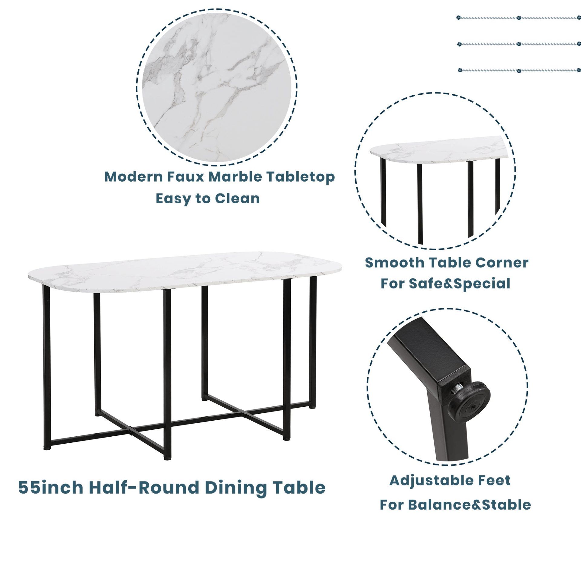 Modern 7 - Piece Dining Table Set with Faux Marble Compact 55 - Inch Kitchen Table Set for 6, Black+White - CurtisJ Designs