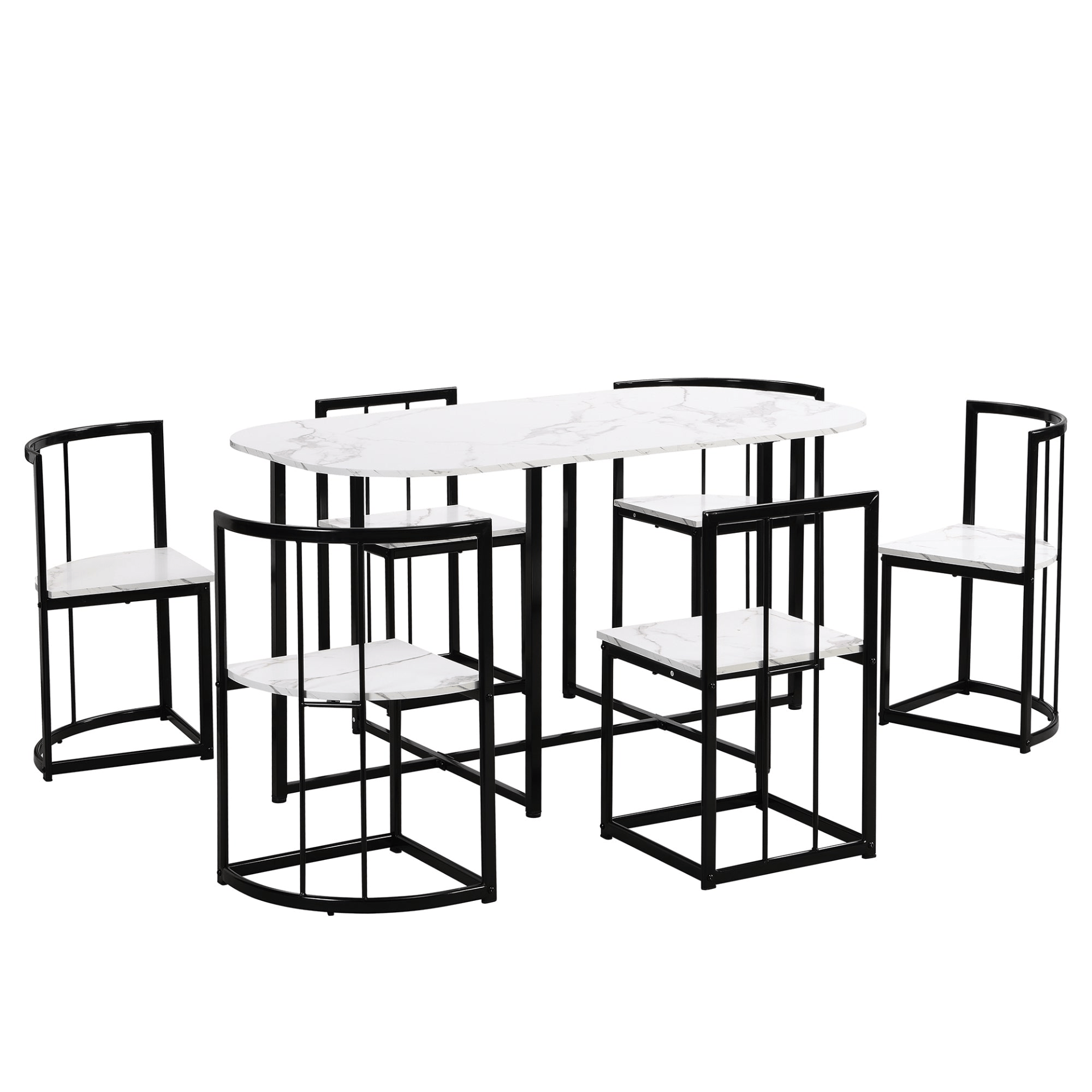 Modern 7 - Piece Dining Table Set with Faux Marble Compact 55 - Inch Kitchen Table Set for 6, Black+White - CurtisJ Designs