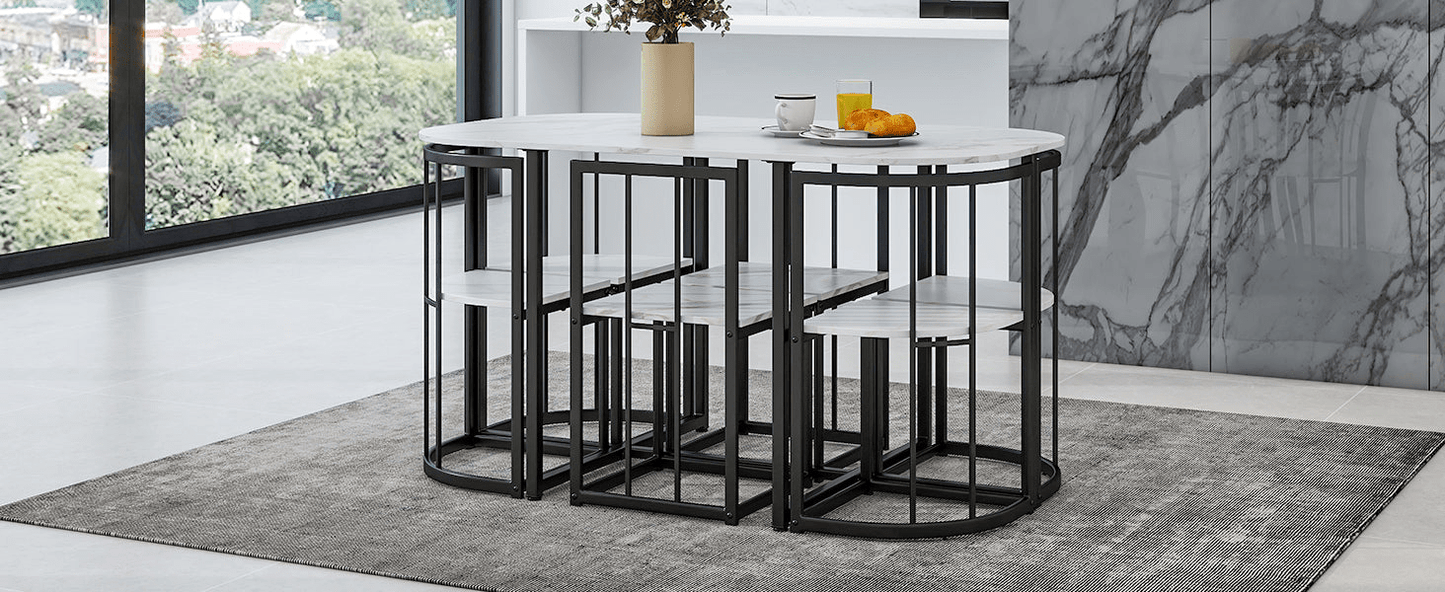 Modern 7 - Piece Dining Table Set with Faux Marble Compact 55 - Inch Kitchen Table Set for 6, Black+White - CurtisJ Designs