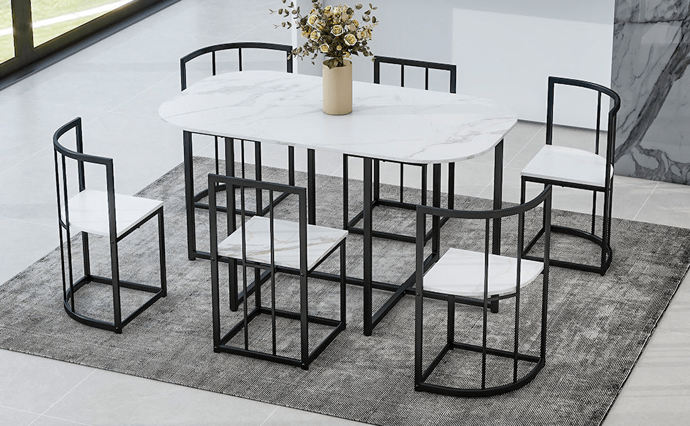 Modern 7 - Piece Dining Table Set with Faux Marble Compact 55 - Inch Kitchen Table Set for 6, Black+White - CurtisJ Designs