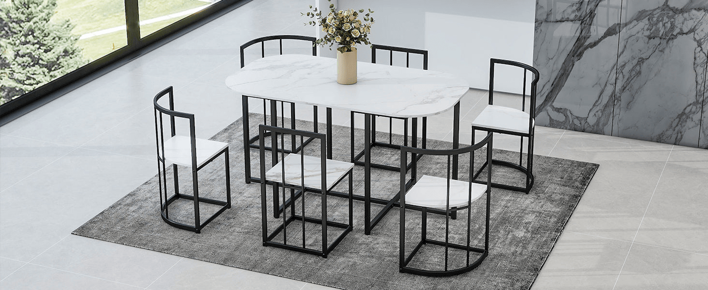 Modern 7 - Piece Dining Table Set with Faux Marble Compact 55 - Inch Kitchen Table Set for 6, Black+White - CurtisJ Designs