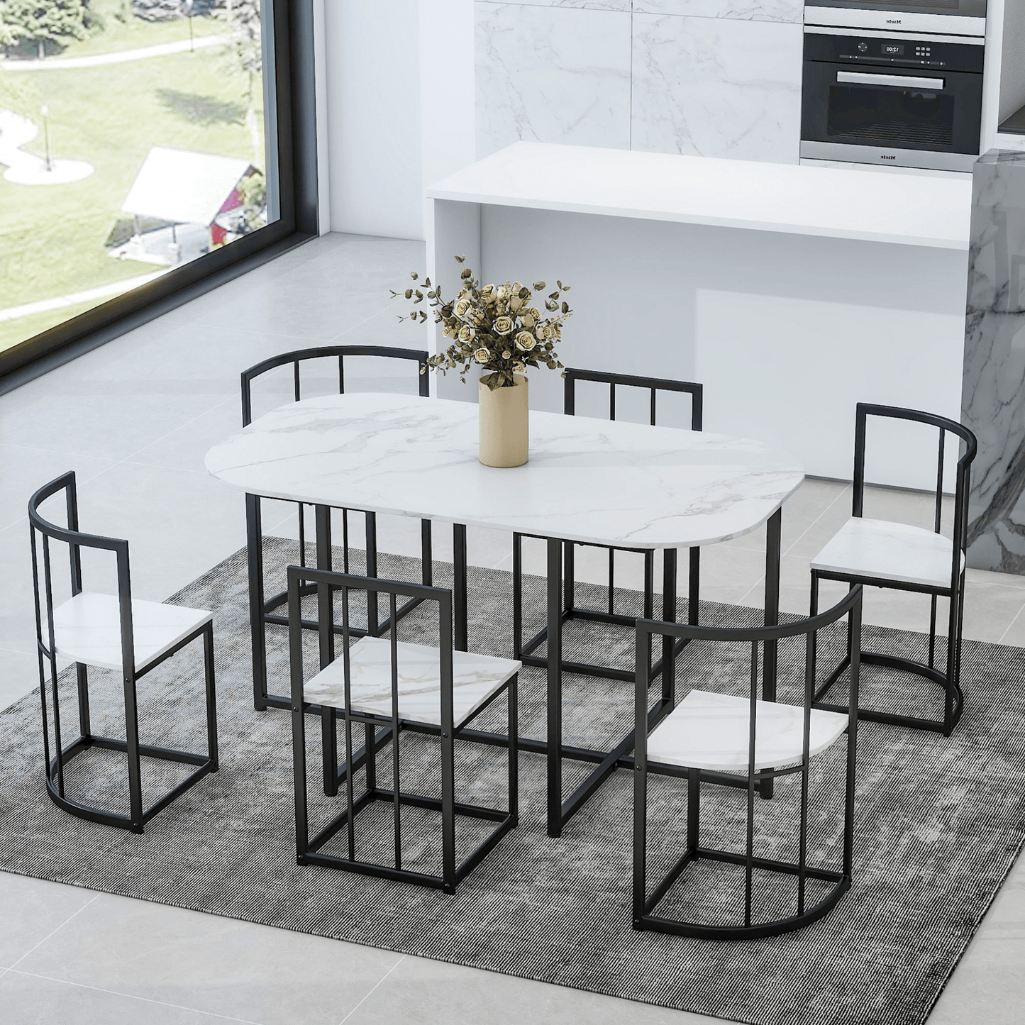 Modern 7 - Piece Dining Table Set with Faux Marble Compact 55 - Inch Kitchen Table Set for 6, Black+White - CurtisJ Designs