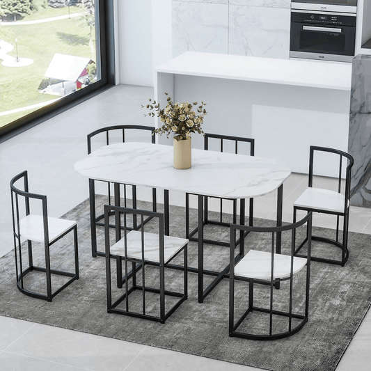 Modern 7 - Piece Dining Table Set with Faux Marble Compact 55 - Inch Kitchen Table Set for 6, Black+White - CurtisJ Designs