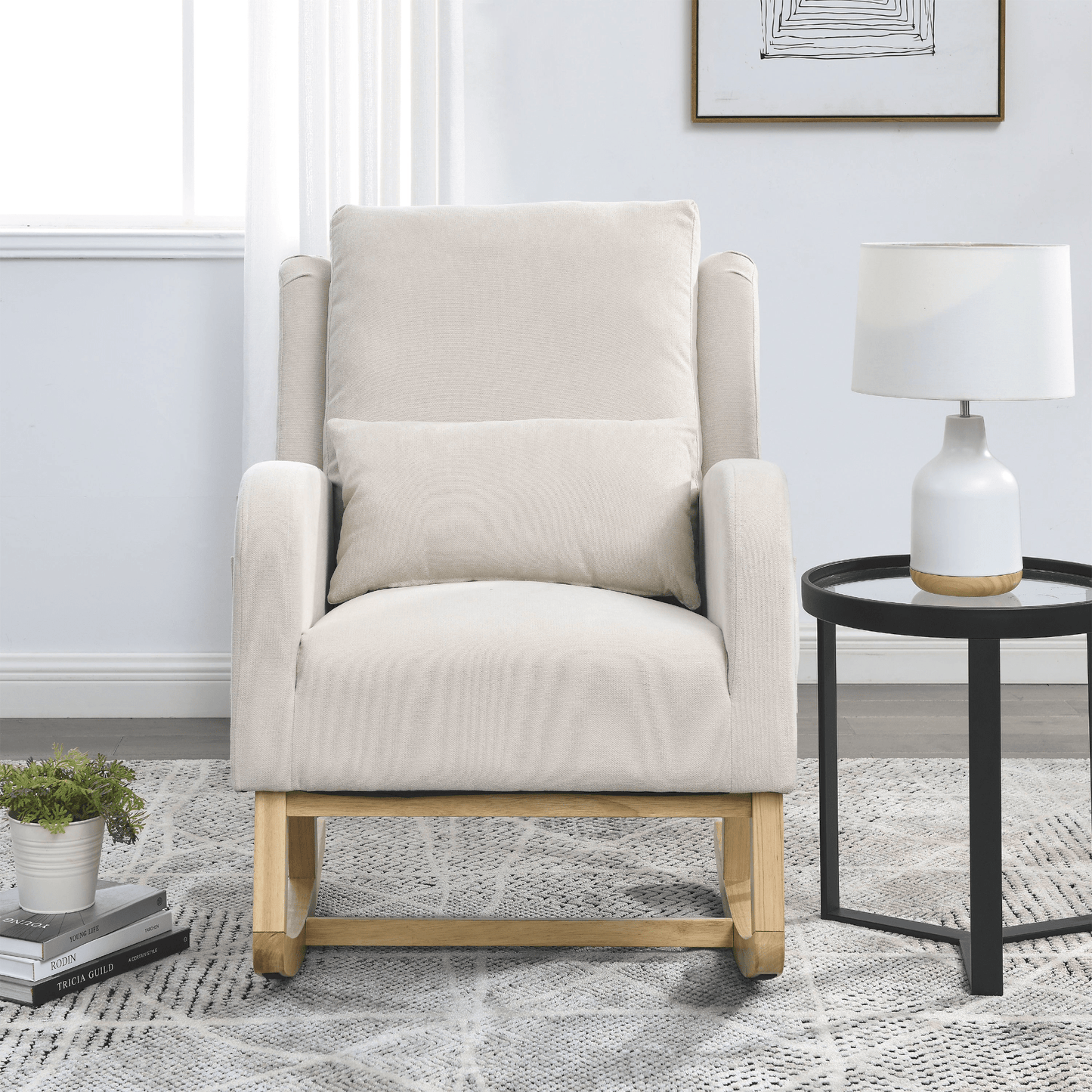 Modern Accent High Back Living Room Armchair Rocker with Lumbar Pillow & Side Pockets - 27.5" Wide - CurtisJ Designs