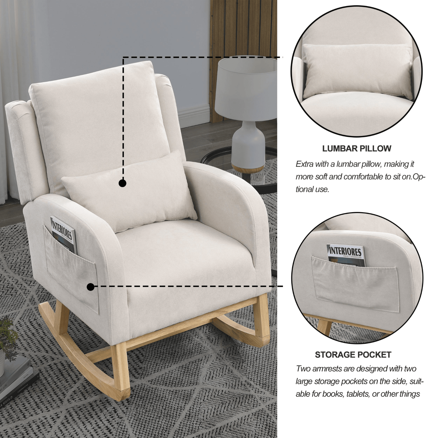 Modern Accent High Back Living Room Armchair Rocker with Lumbar Pillow & Side Pockets - 27.5" Wide - CurtisJ Designs