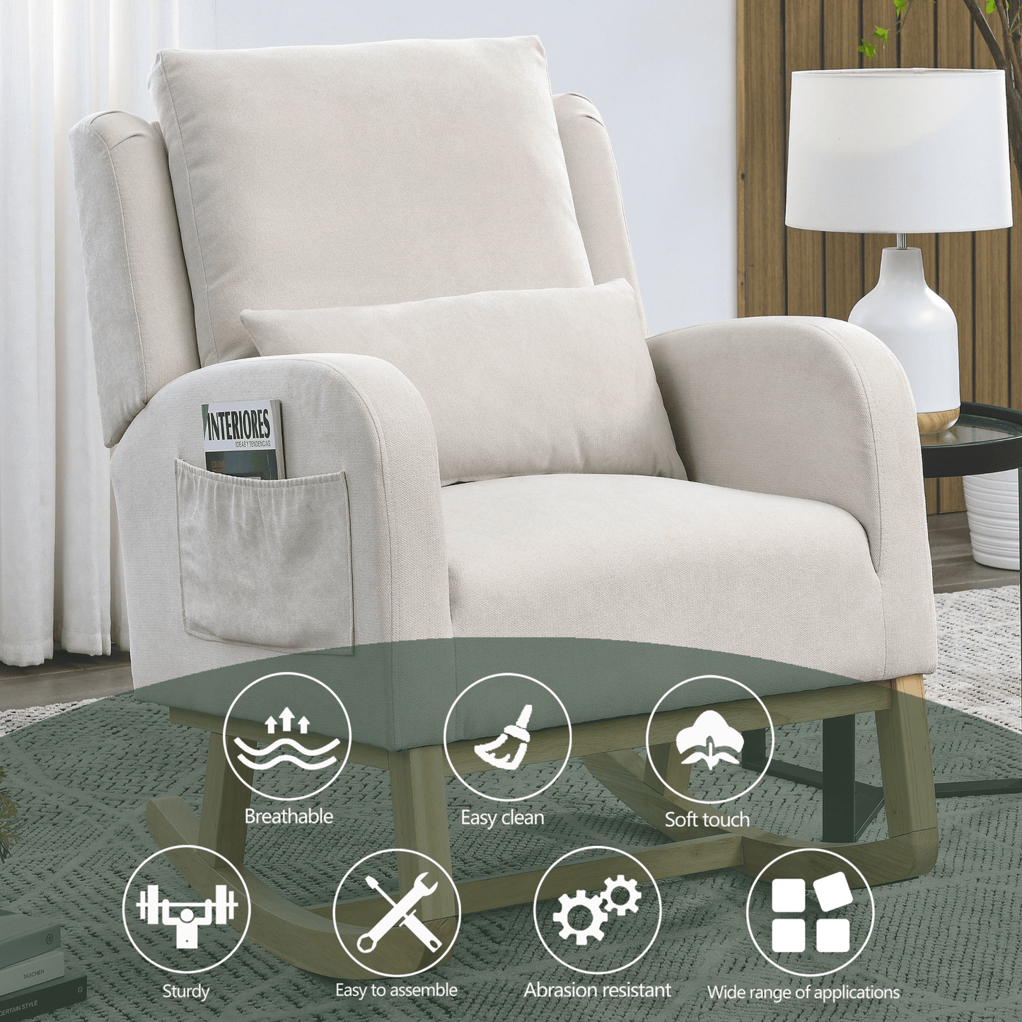 Modern Accent High Back Living Room Armchair Rocker with Lumbar Pillow & Side Pockets - 27.5" Wide - CurtisJ Designs