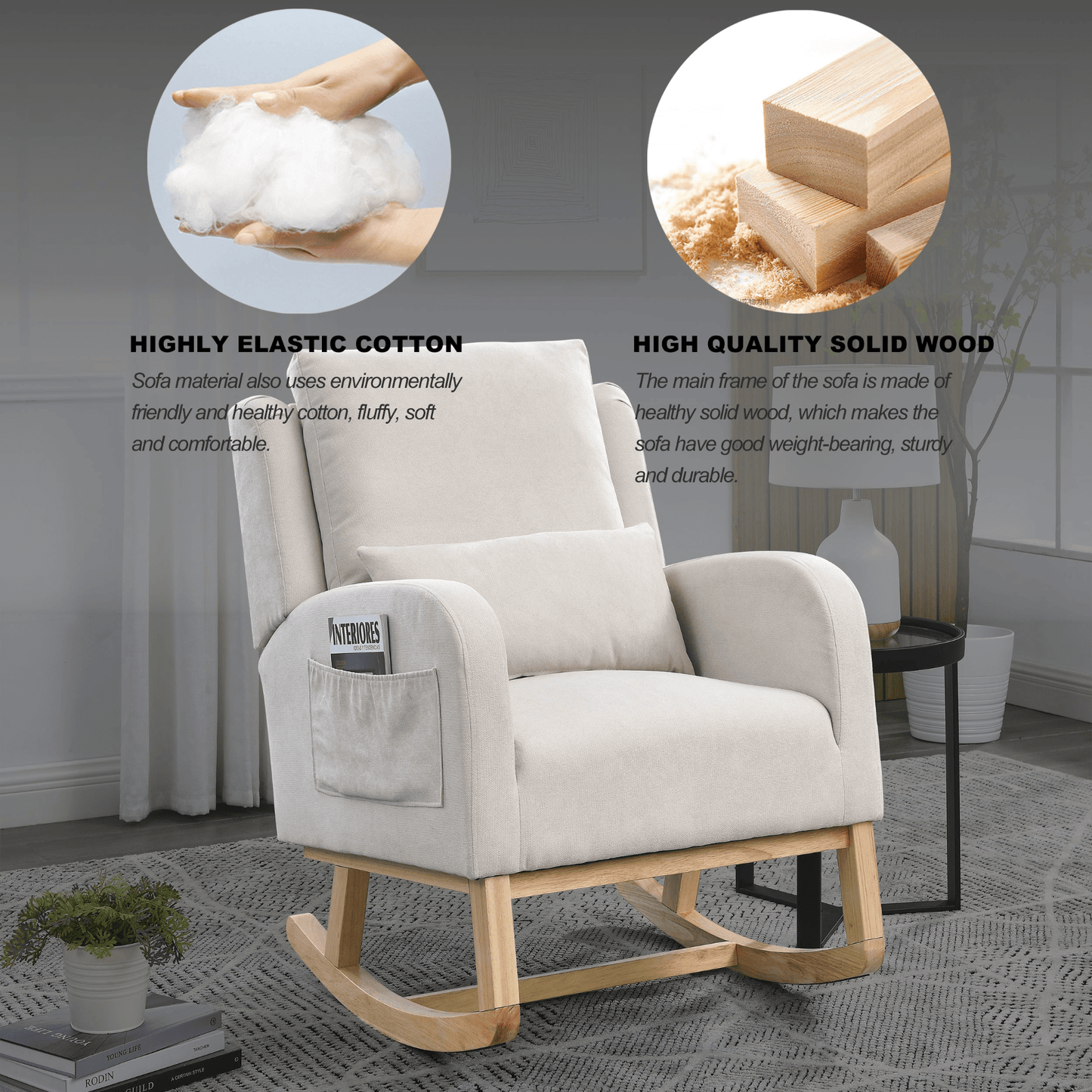 Modern Accent High Back Living Room Armchair Rocker with Lumbar Pillow & Side Pockets - 27.5" Wide - CurtisJ Designs