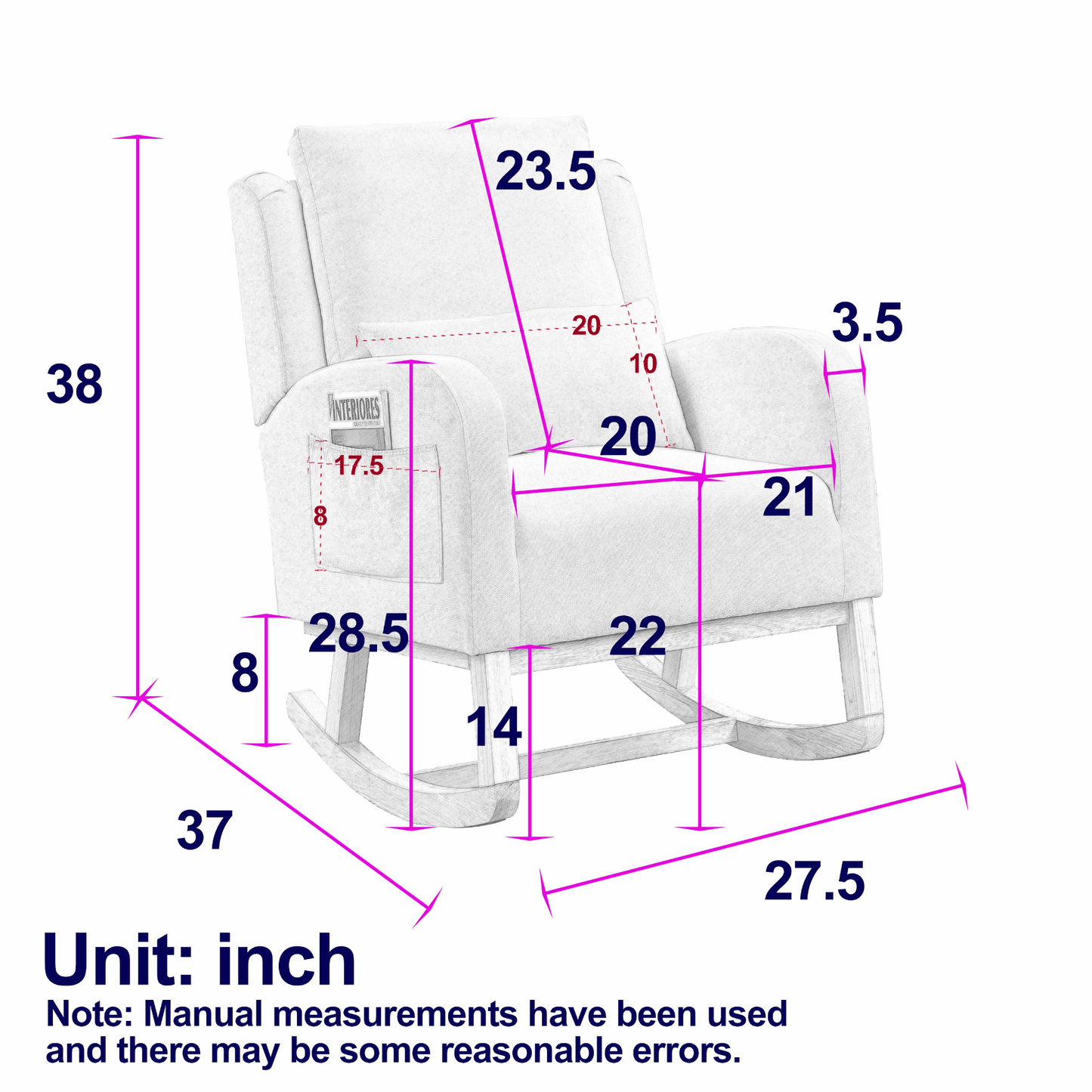 Modern Accent High Back Living Room Armchair Rocker with Lumbar Pillow & Side Pockets - 27.5" Wide - CurtisJ Designs