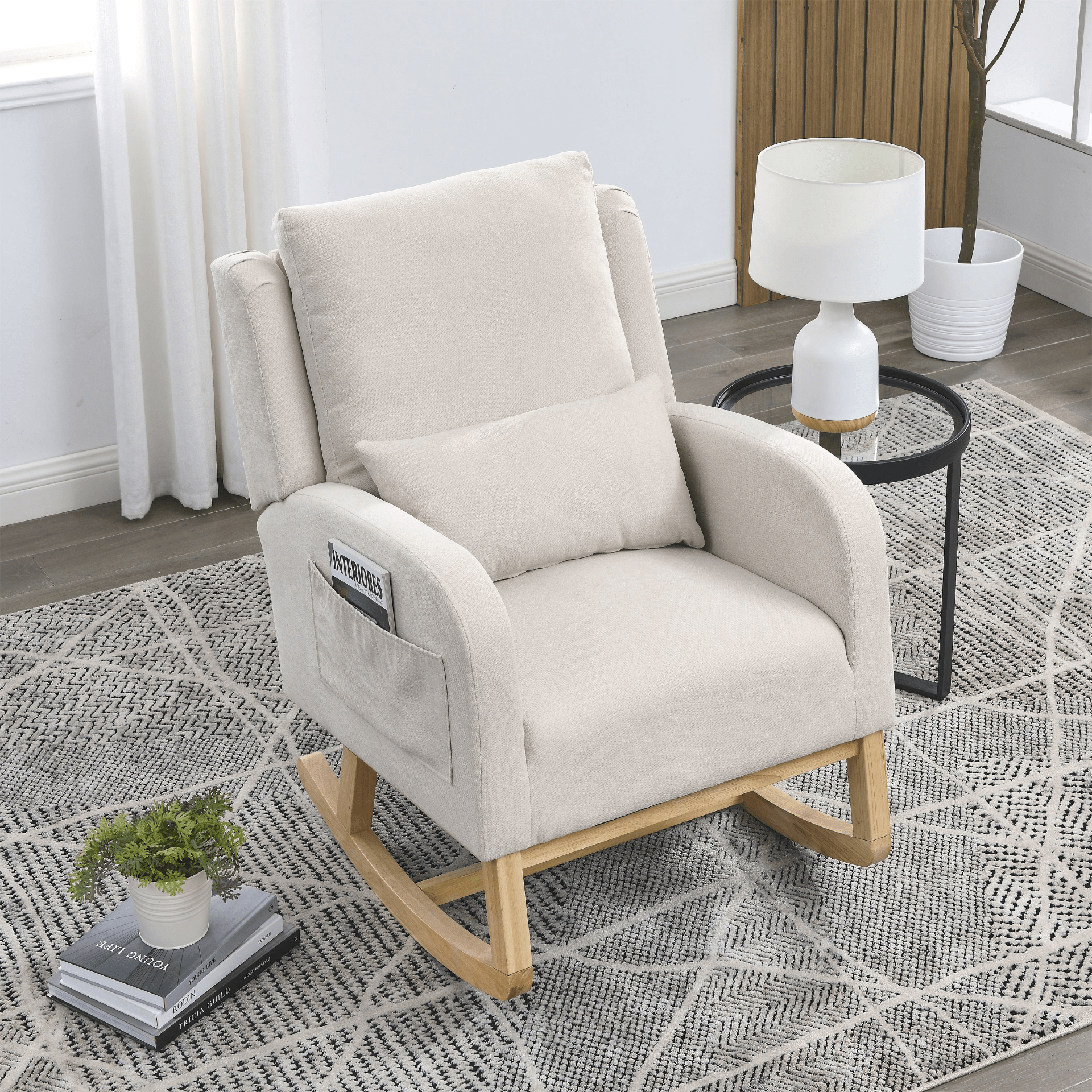 Modern Accent High Back Living Room Armchair Rocker with Lumbar Pillow & Side Pockets - 27.5" Wide - CurtisJ Designs