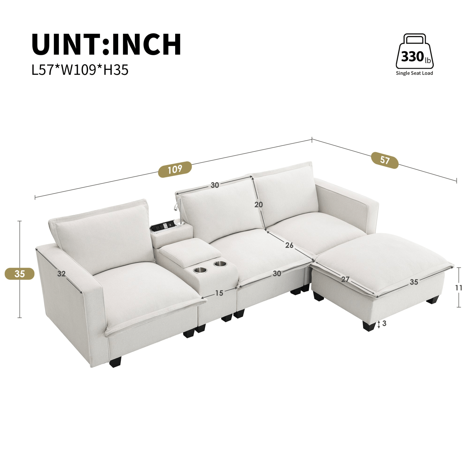 Modern Cloud Sectional Sofa with USB Charging, Reading Light & Console - 4 Seat Chenille Modular Couch with Cup Holder & Storage - Perfect for Living Room or Apartment - Available in 2 Colors - CurtisJ Designs