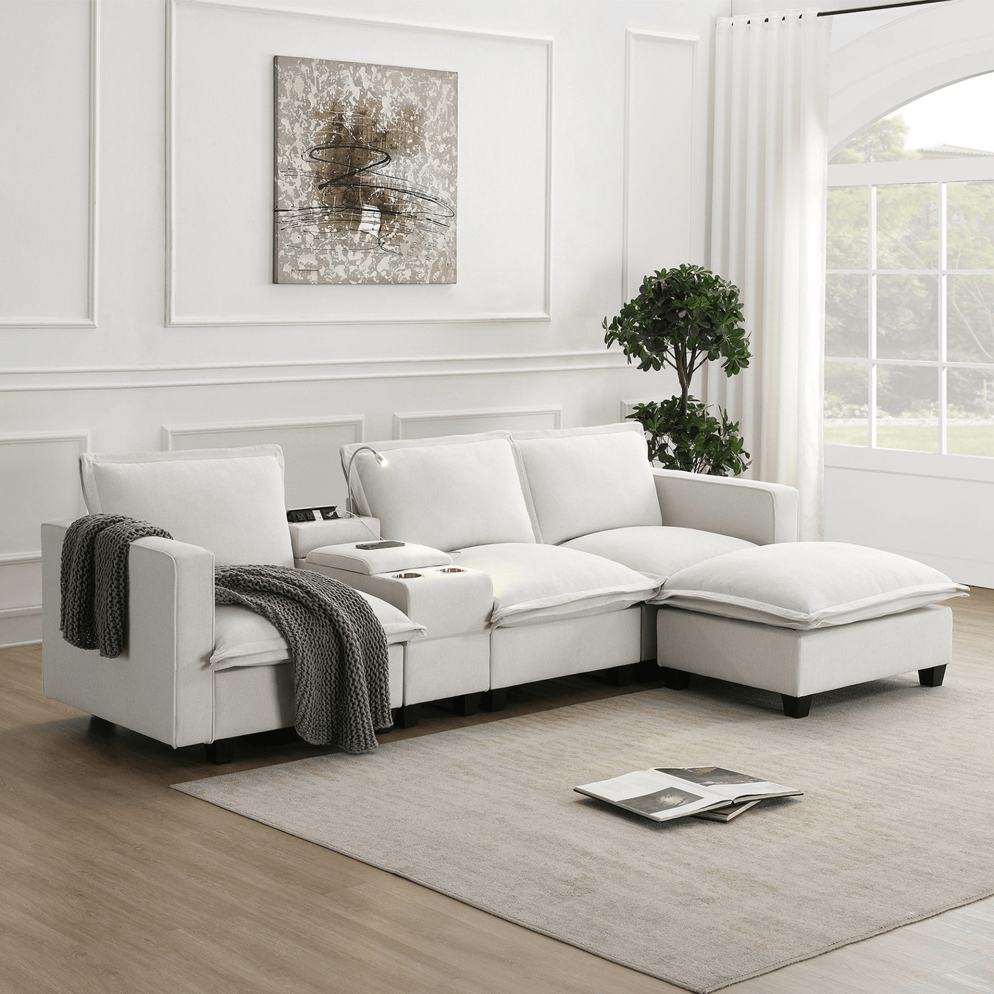 Modern Cloud Sectional Sofa with USB Charging, Reading Light & Console - 4 Seat Chenille Modular Couch with Cup Holder & Storage - Perfect for Living Room or Apartment - Available in 2 Colors - CurtisJ Designs