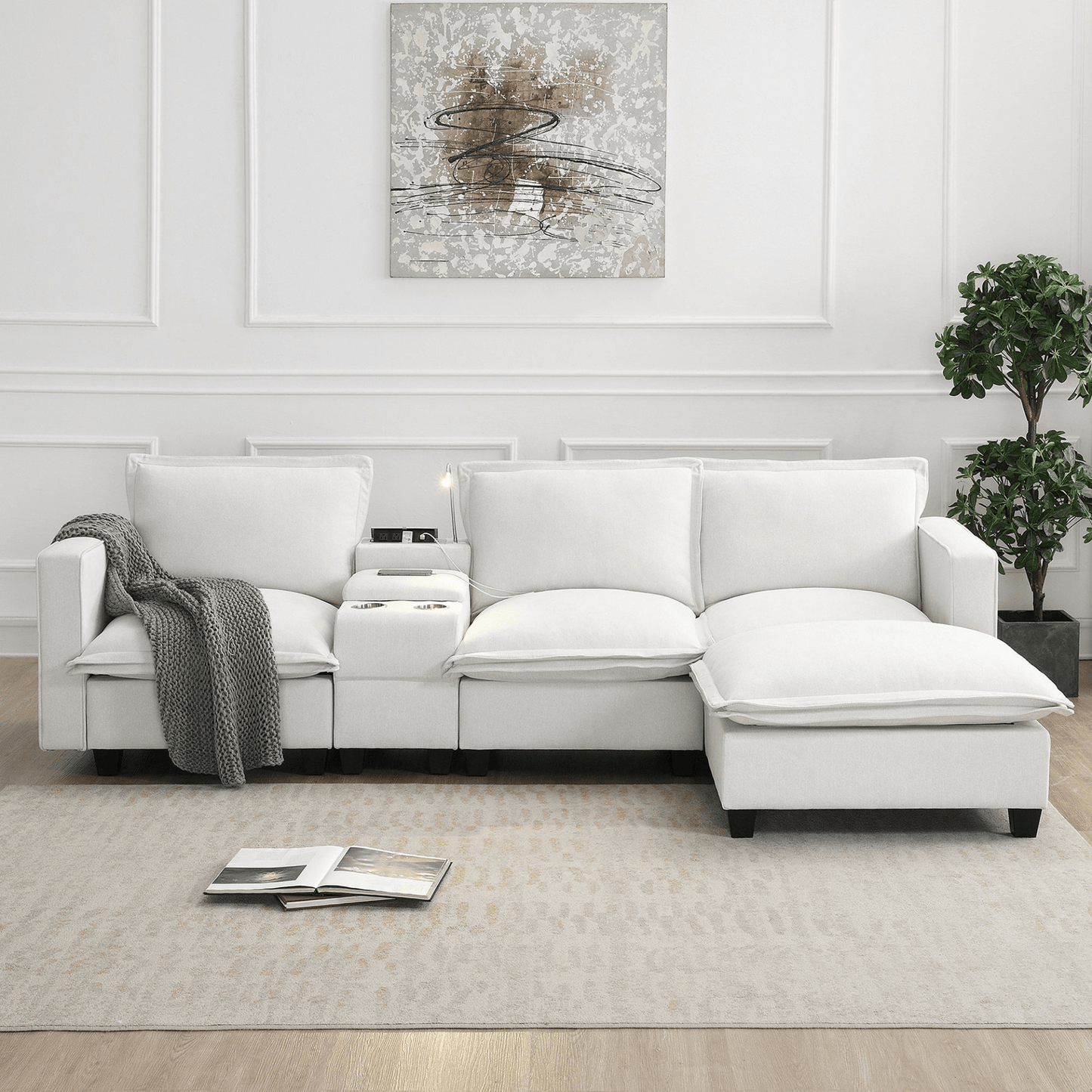 Modern Cloud Sectional Sofa with USB Charging, Reading Light & Console - 4 Seat Chenille Modular Couch with Cup Holder & Storage - Perfect for Living Room or Apartment - Available in 2 Colors - CurtisJ Designs