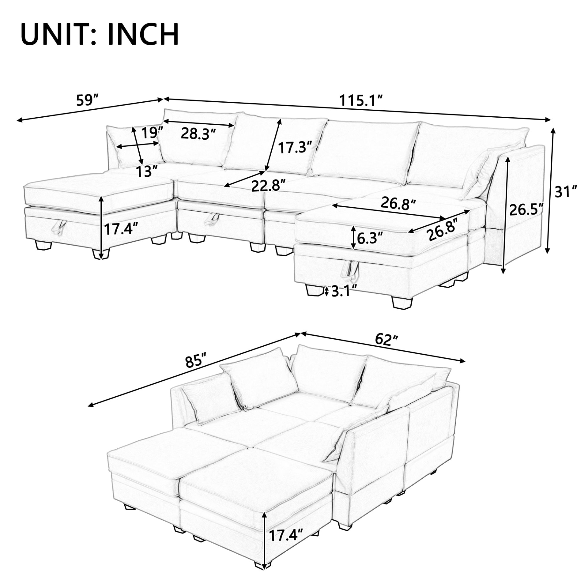 Modern Large U - Shape Modular Sectional Sofa with Convertible Sofa Bed and Reversible Chaise - CurtisJ Designs