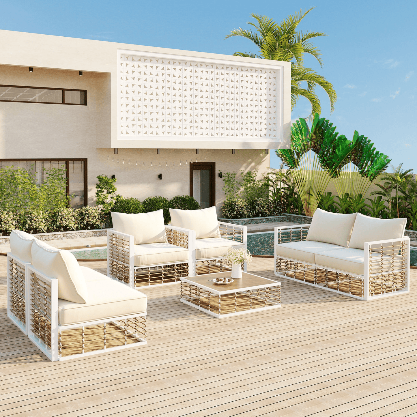 Modern Minimalist 7 - Piece Metal Patio Sectional Sofa Set - All - Weather Garden Furniture, White - CurtisJ Designs