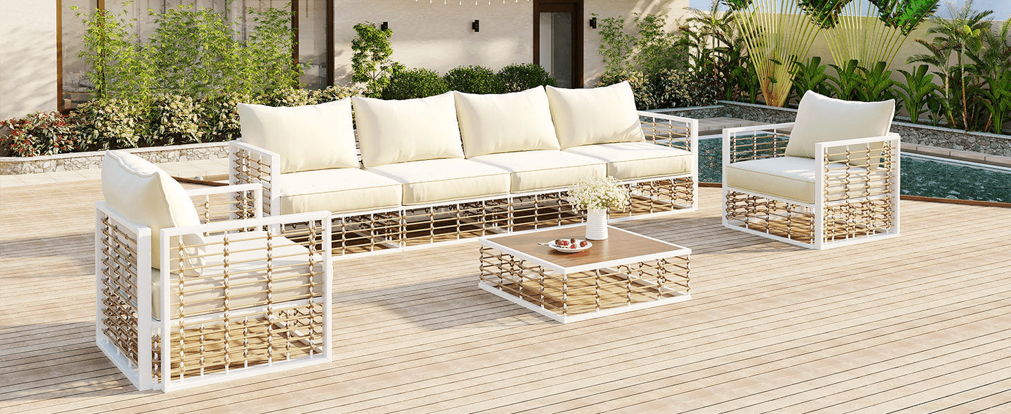 Modern Minimalist 7 - Piece Metal Patio Sectional Sofa Set - All - Weather Garden Furniture, White - CurtisJ Designs