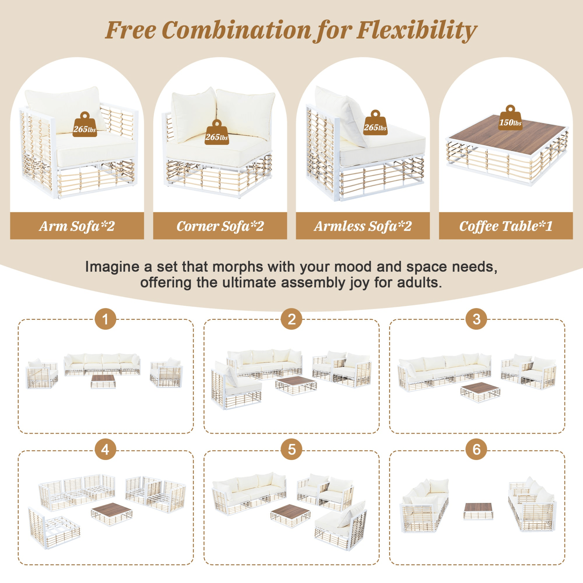 Modern Minimalist 7 - Piece Metal Patio Sectional Sofa Set - All - Weather Garden Furniture, White - CurtisJ Designs