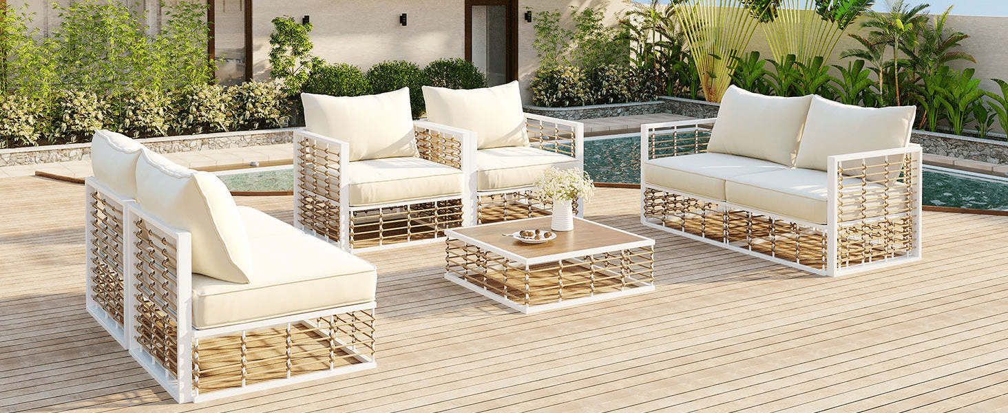 Modern Minimalist 7 - Piece Metal Patio Sectional Sofa Set - All - Weather Garden Furniture, White - CurtisJ Designs