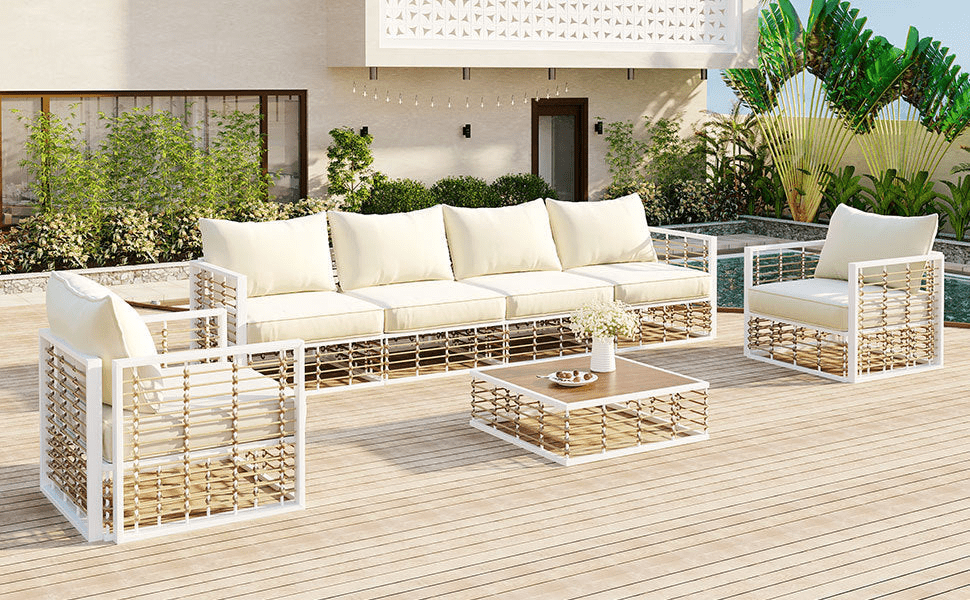 Modern Minimalist 7 - Piece Metal Patio Sectional Sofa Set - All - Weather Garden Furniture, White - CurtisJ Designs