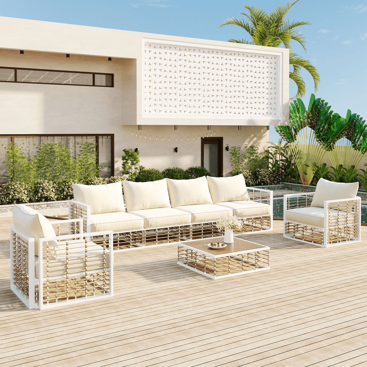 Modern Minimalist 7 - Piece Metal Patio Sectional Sofa Set - All - Weather Garden Furniture, White - CurtisJ Designs