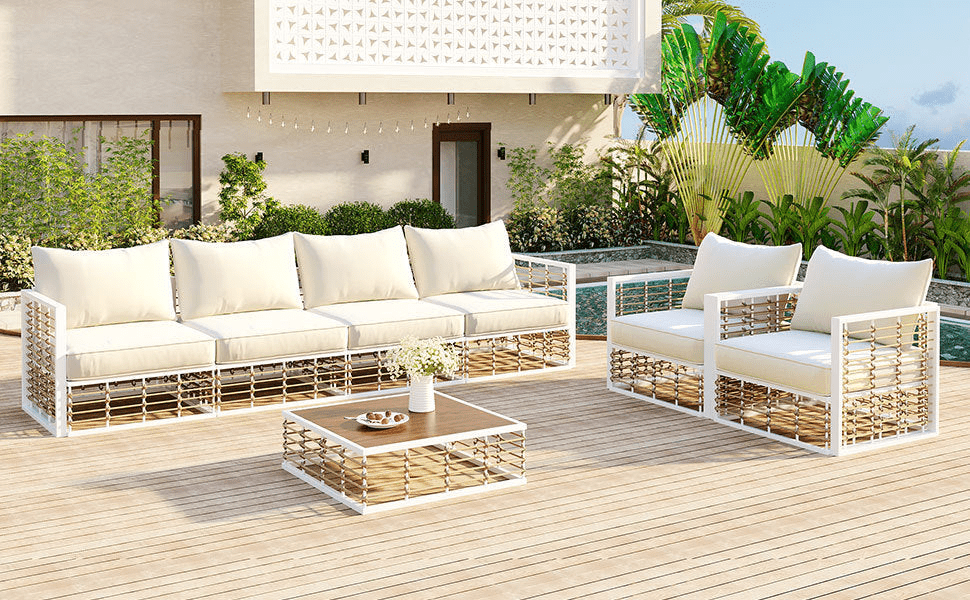 Modern Minimalist 7 - Piece Metal Patio Sectional Sofa Set - All - Weather Garden Furniture, White - CurtisJ Designs