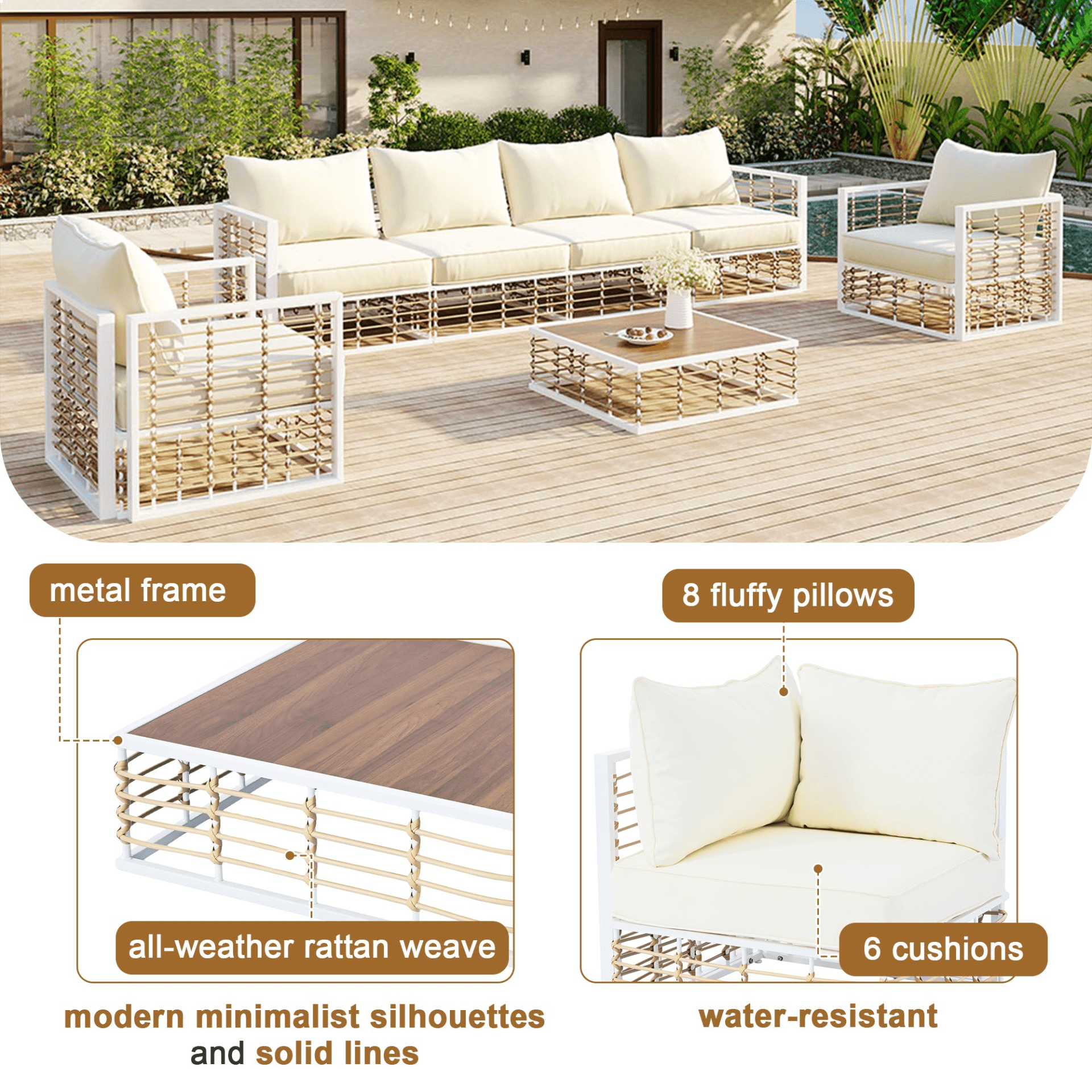 Modern Minimalist 7 - Piece Metal Patio Sectional Sofa Set - All - Weather Garden Furniture, White - CurtisJ Designs