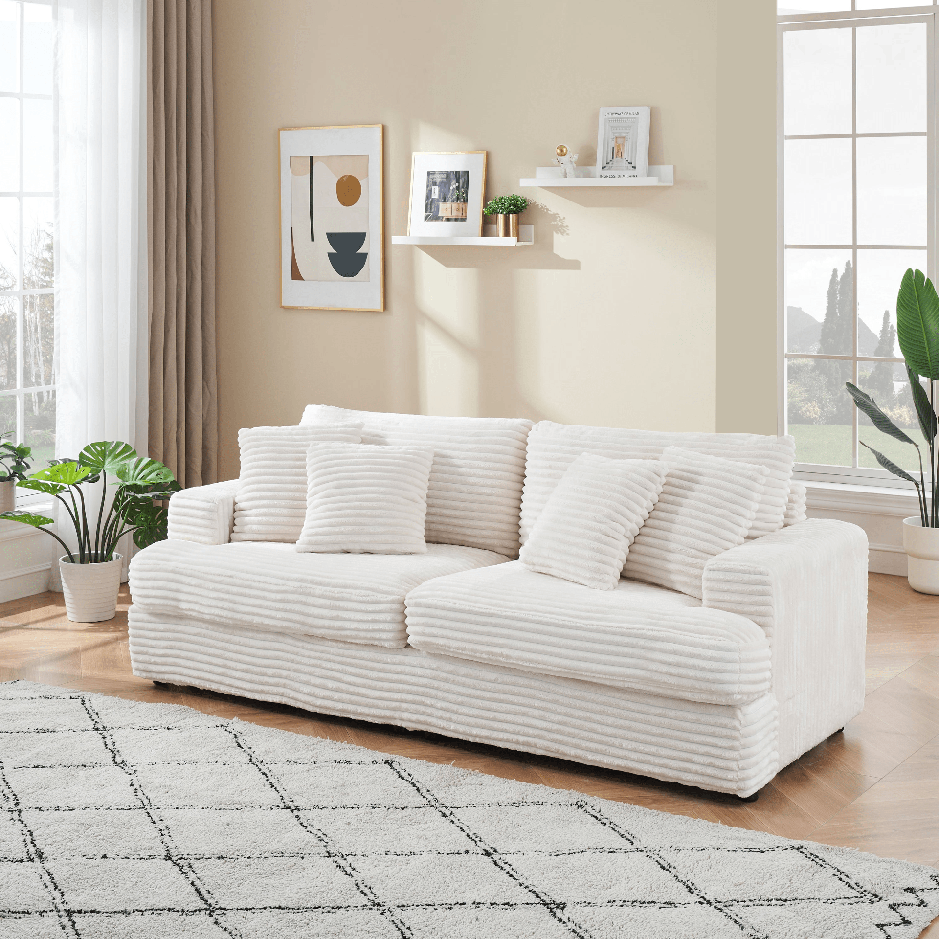 Modern White Corduroy Sofa - 79.3" with 4 Toss Pillows, Sleek Design, Comfortable 3 Seater Couch for Living Room - CurtisJ Designs