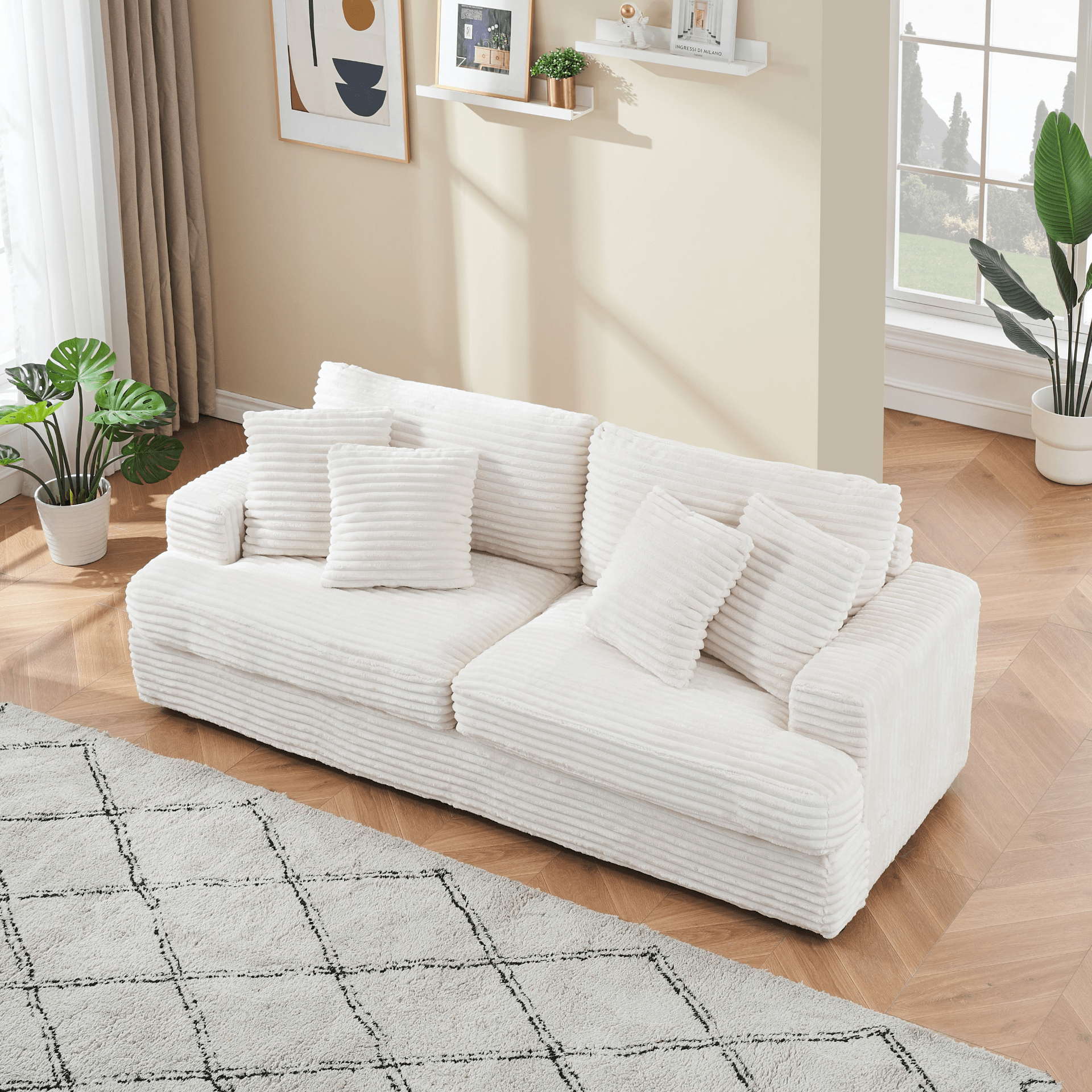 Modern White Corduroy Sofa - 79.3" with 4 Toss Pillows, Sleek Design, Comfortable 3 Seater Couch for Living Room - CurtisJ Designs