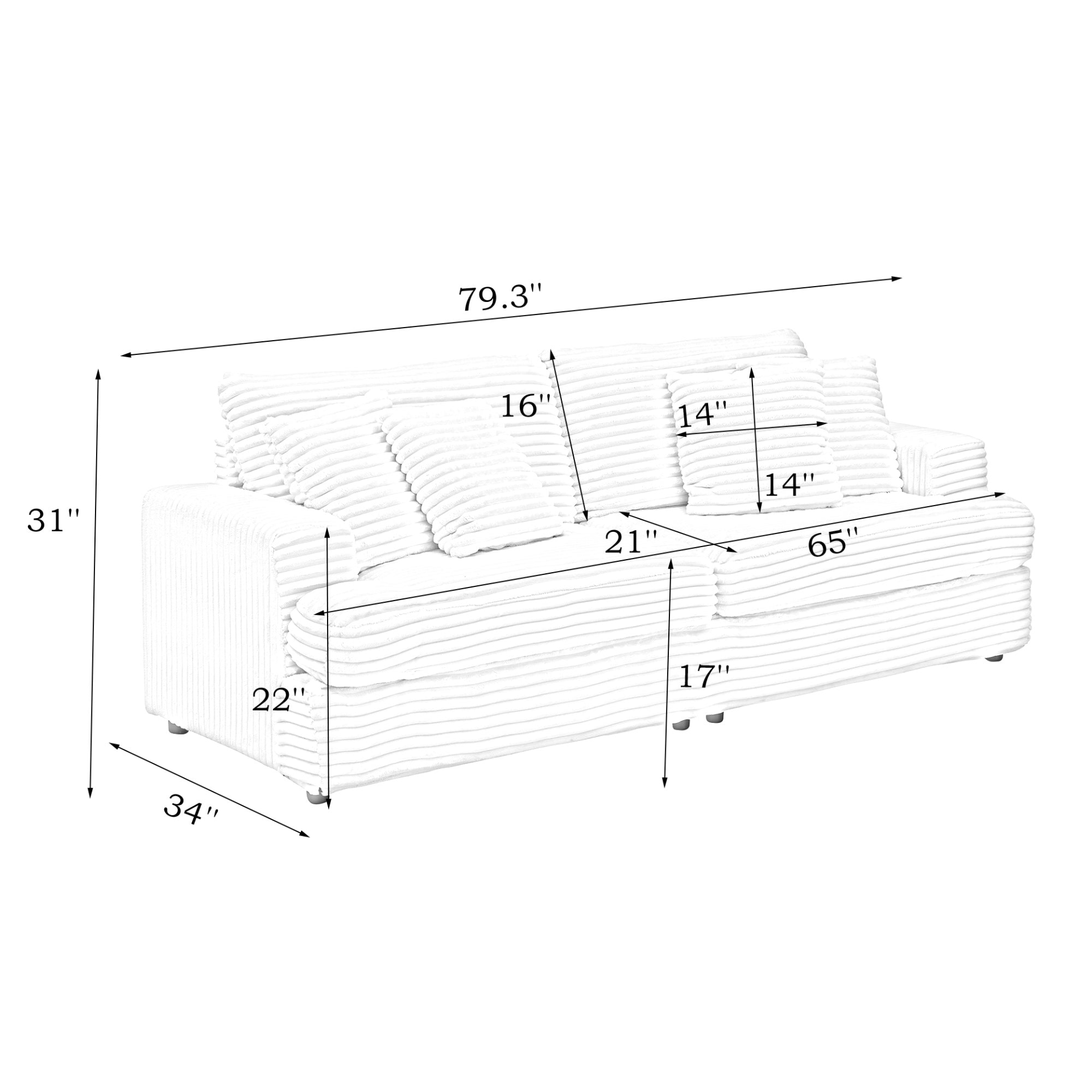 Modern White Corduroy Sofa - 79.3" with 4 Toss Pillows, Sleek Design, Comfortable 3 Seater Couch for Living Room - CurtisJ Designs