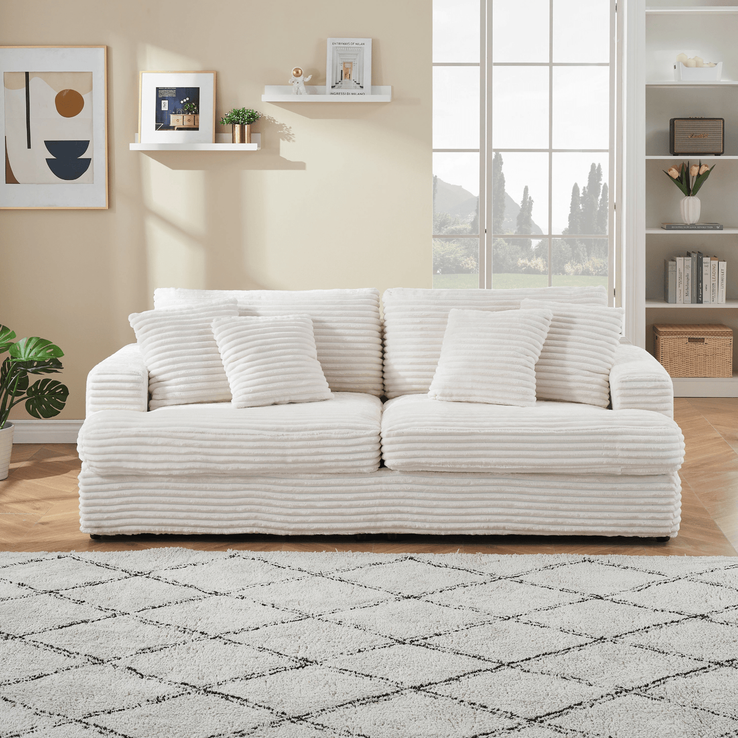 Modern White Corduroy Sofa - 79.3" with 4 Toss Pillows, Sleek Design, Comfortable 3 Seater Couch for Living Room - CurtisJ Designs