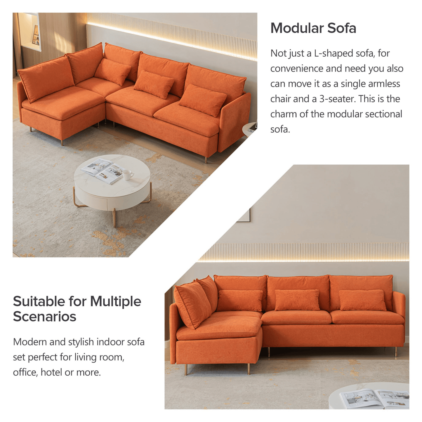 Modular L - Shaped Corner Sofa, Left Hand Sectional Couch | Orange Cotton Linen - 90.9'' - Elegant & Comfortable Seating for Home & Office - CurtisJ Designs