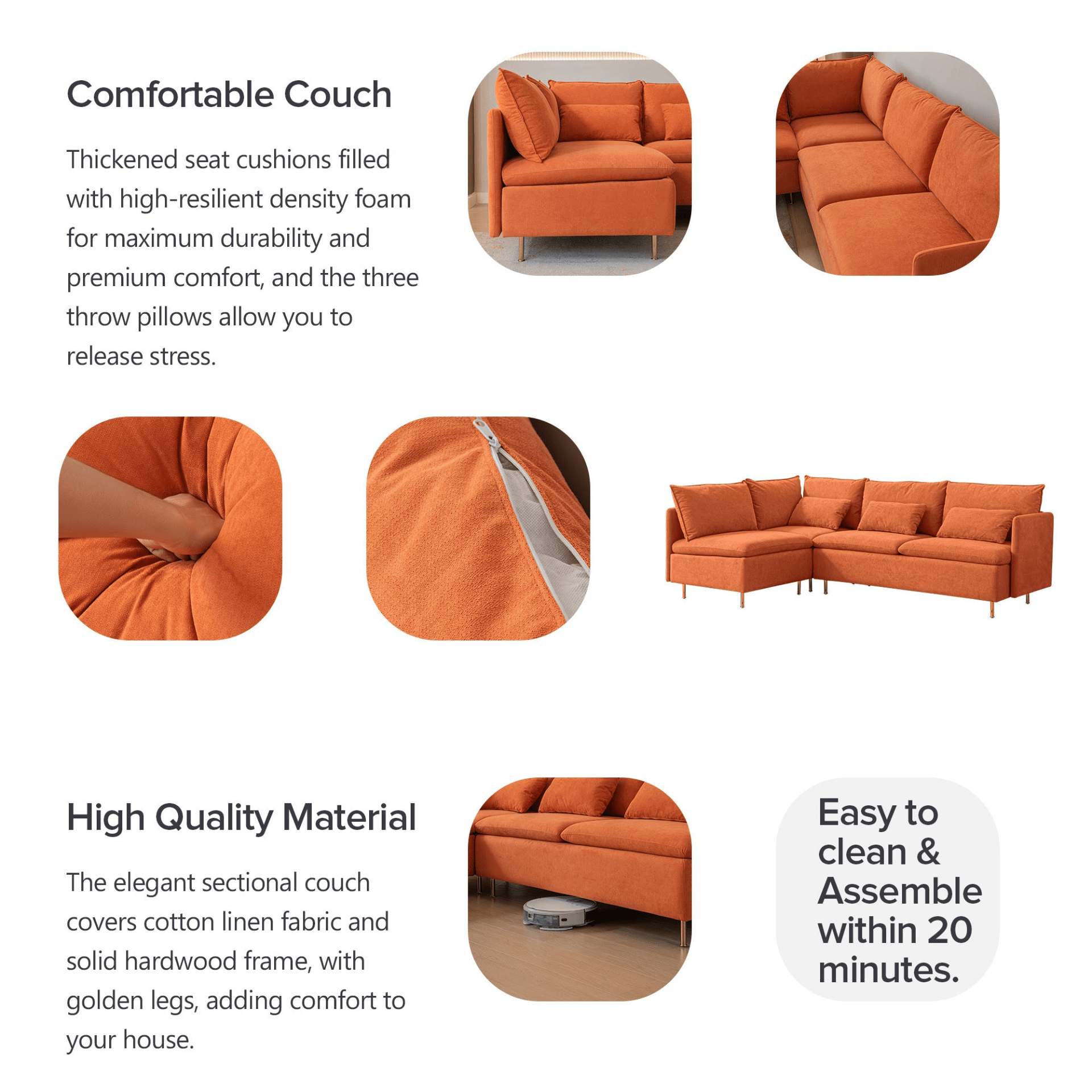 Modular L - Shaped Corner Sofa, Left Hand Sectional Couch | Orange Cotton Linen - 90.9'' - Elegant & Comfortable Seating for Home & Office - CurtisJ Designs